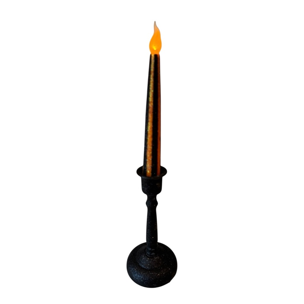 Halloween Light Up Taper Candle Glitter Stripe Black Orange 12.5”